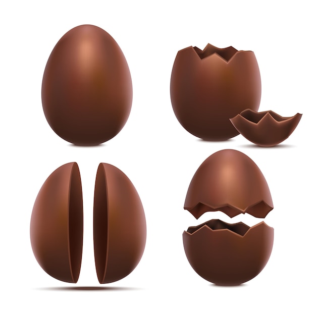 Vecteur des œufs de chocolat réalistes en 3d détaillés, un symbole sucré de pâques brisé en deux moitiés et une coquille d'œuf entière.
