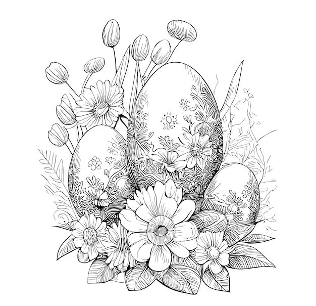 Oeufs avec des fleurs croquis dessinés à la main dans le style doodle illustration pâques