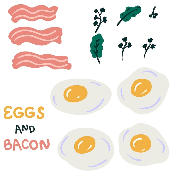 Vecteur Œufs frits avec collection d'éléments vectoriels de bacon et de verdure pour les autocollants de menu de logo et l'impression