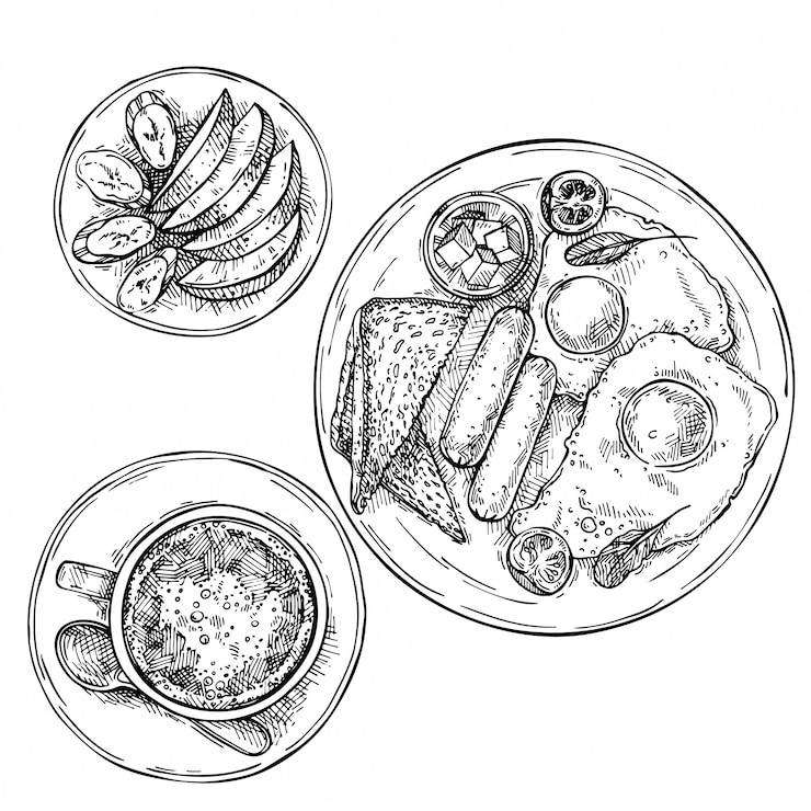 Vecteur oeufs frits dessinés à la main avec des saucisses, de la tomate, du beurre et des toasts.fruits en tranches sur une assiette: pomme et banane. tasse de thé, café, chocolat chaud sur plaque. croquis petit déjeuner vue de dessus.