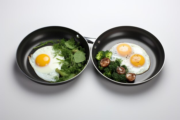 Vecteur des œufs frits avec des tomates et des herbes sur une poêle de cuisine isolée sur du blanc