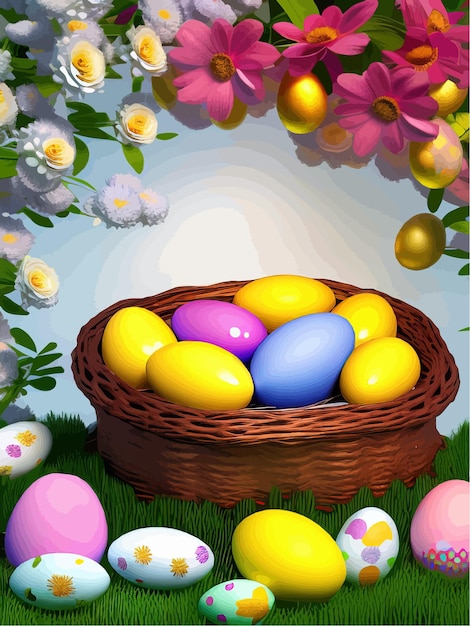Vecteur oeufs de pâques de carte postale de pâques festive dans le panier sur fond coloré illustration vectorielle réaliste