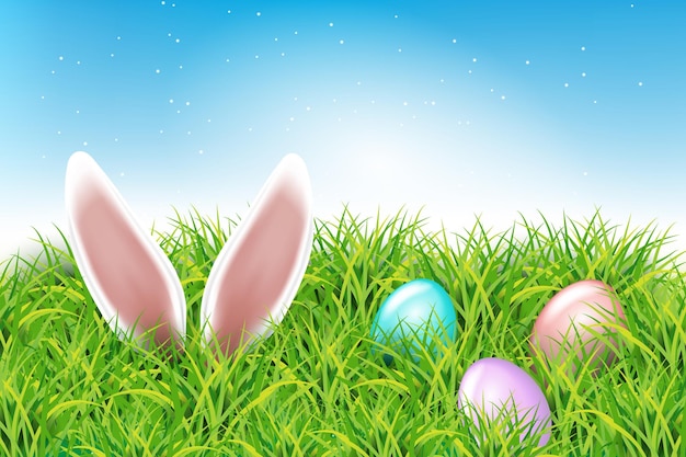 Vecteur des œufs de pâques colorés et des oreilles de lapin sortant de l'herbe. un paysage de printemps avec un ciel bleu.