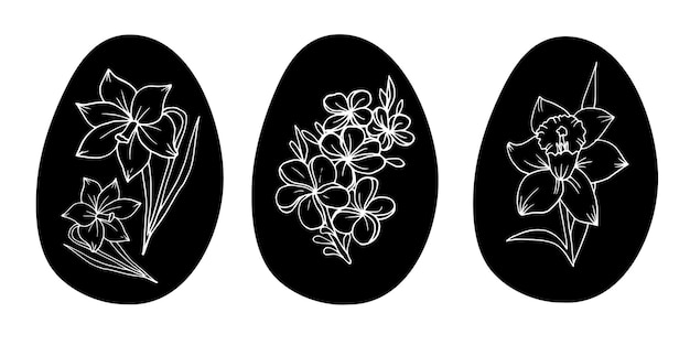 Oeufs de Pâques avec des fleurs Ensemble isolé de vecteur dessiné à la main dans un style doodle pour les affiches de cartes de voeux a