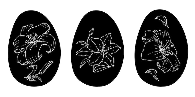 Oeufs de Pâques avec des fleurs Ensemble isolé de vecteur dessiné à la main dans un style doodle pour les affiches de cartes de voeux a