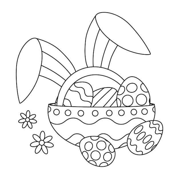 Vecteur oeufs de pâques avec des ornements sur une assiette et avec des oreilles de lapin dessin au trait
