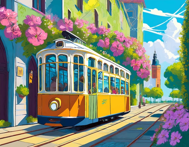 Vecteur Œuvre d'art du tramway dans la rue avec des fleurs