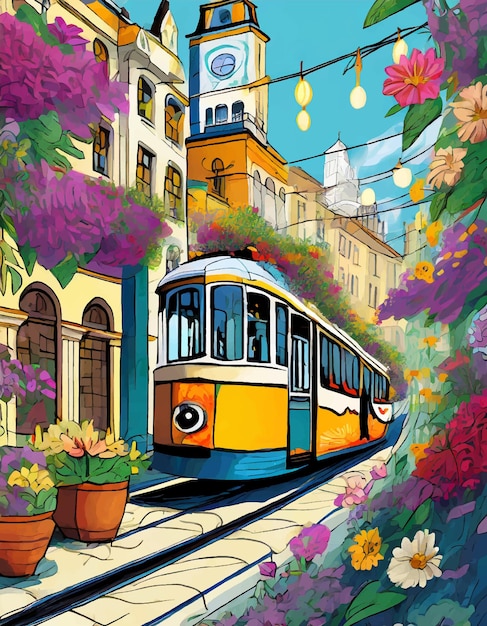 Œuvre D'art Du Tramway Dans La Rue Avec Des Fleurs