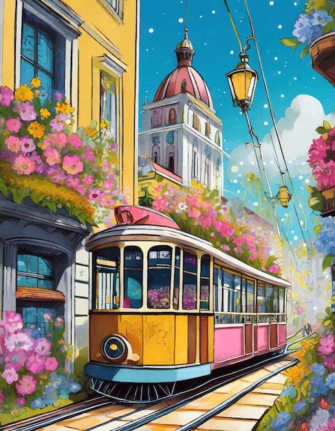 Œuvre D'art Du Tramway Dans La Rue Avec Des Fleurs