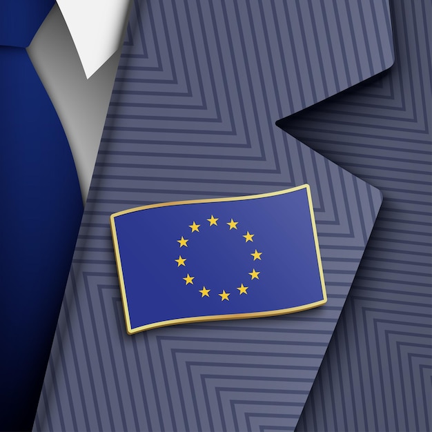 Vecteur officiel de l'ue vêtu d'un costume et d'une cravate bleus portant le drapeau de l'union européenne illustration vectorielle de l'épingle du revers