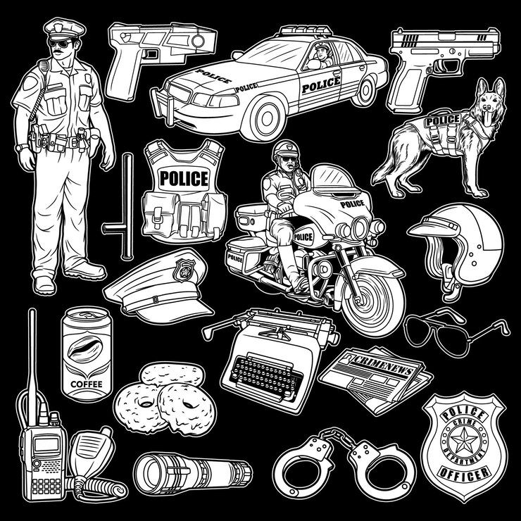 Vecteur officier de police pack illustration noir et blanc