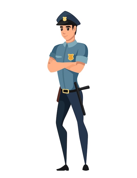Officier De Police Portant Un Pantalon Bleu Foncé Chemise Bleu Clair Conception De Personnage De Dessin Animé Illustration Vectorielle Plane