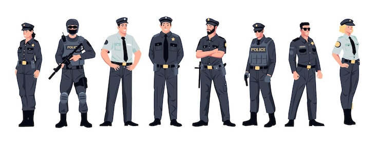 Vecteur officiers de police policier de dessin animé personnages de femme de police équipe de flics plats en garde uniforme et concept d'application de la sécurité ensemble vectoriel isolé