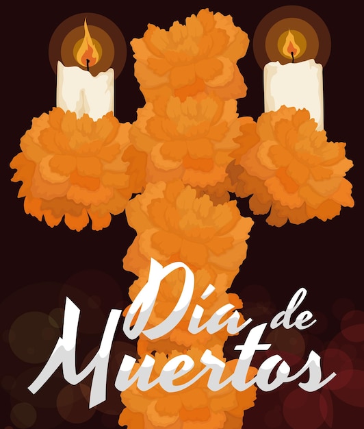 Offrande De Croix Florale Composée De Pétales De Souci Et De Bougies Allumées La Nuit De Dia De Muertos