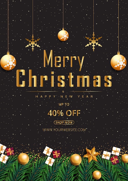 Offre promotionnelle de bannière Joyeux Noël sur fond noir avec des éléments de Noël réalistes