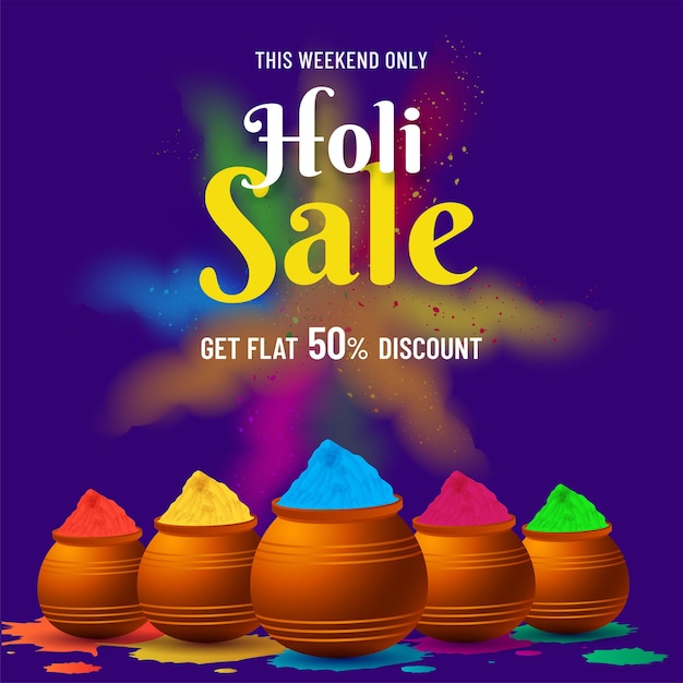 Offre De Réduction Plate De 50% Pour La Conception D'affiche De Vente Holi Avec Des Pots De Boue Pleins De Couleur En Poudre