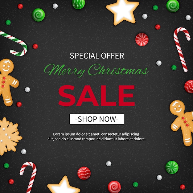 Offre spéciale Christmas Sale Discount flyer grande vente saisonnière Bannière Web avec des bonbons de vacances