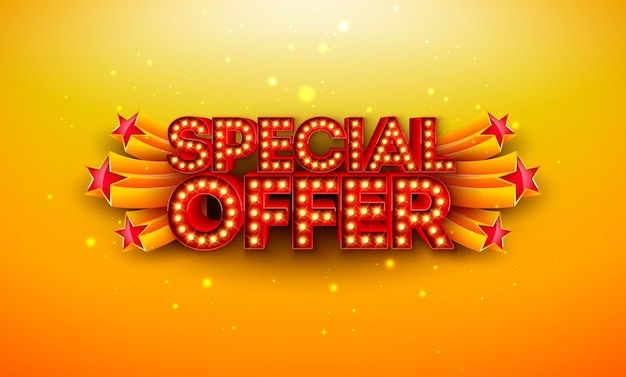 Offre spéciale de vente de jour de magasinage avec des lettres de texte d'ampoule et des symboles d'étoile sur jaune