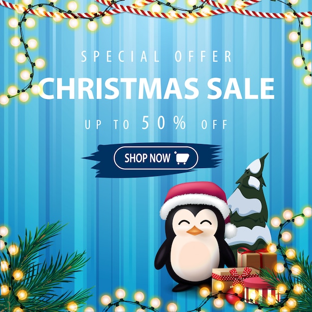 Offre Spéciale, Vente De Noël, Bannière Discount Carré Bleu Avec Pingouin En Chapeau De Père Noël Avec Des Cadeaux