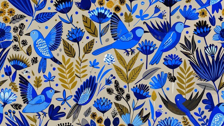 Vecteur un oiseau bleu et une feuille d'or sont sur un mur