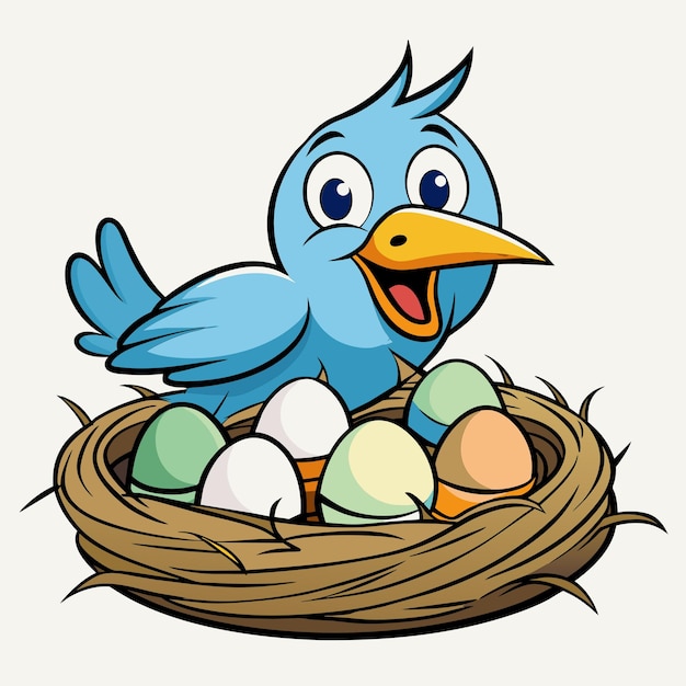 Vecteur un oiseau bleu avec un oiseaux bleu assis dans un nid avec des œufs