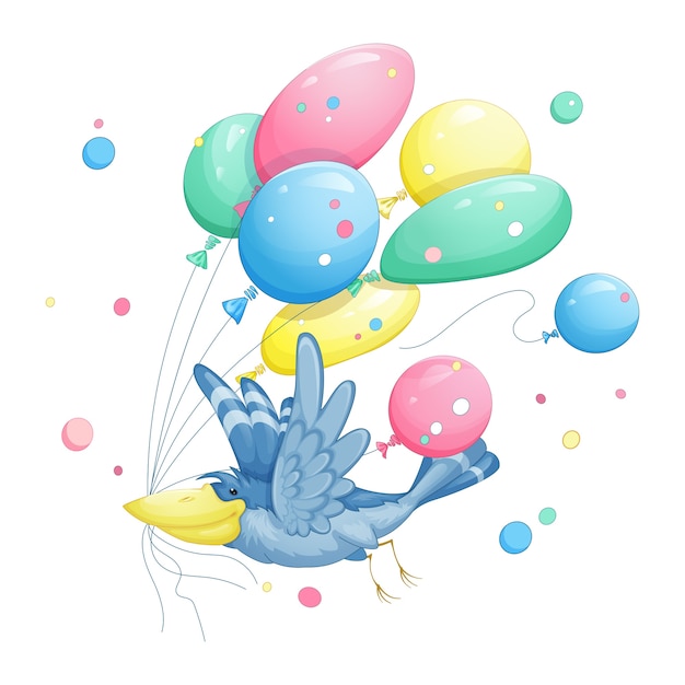 Vecteur l'oiseau bleu porte de nombreux ballons multicolores