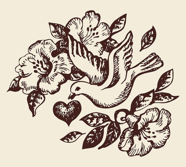 Oiseau Avec Coeur Et Fleurs. Illustration Dessinée à La Main