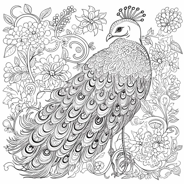 Vecteur oiseau de dessin animé de paon pour coloriage livre à colorier noir et blanc ou page pour enfants