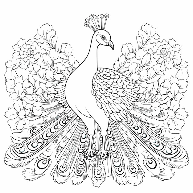 Vecteur oiseau de dessin animé de paon pour coloriage livre à colorier noir et blanc ou page pour enfants