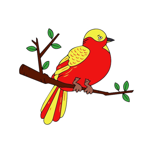 Oiseau dessiné à la main assis sur l'illustration de la branche d'arbre