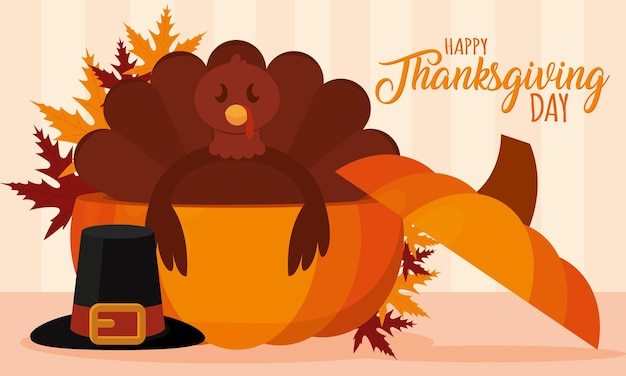 Oiseau De Dinde Sur Citrouille Et Chapeau De Pèlerin Joyeux Jour De Thanksgiving Illustration Vectorielle