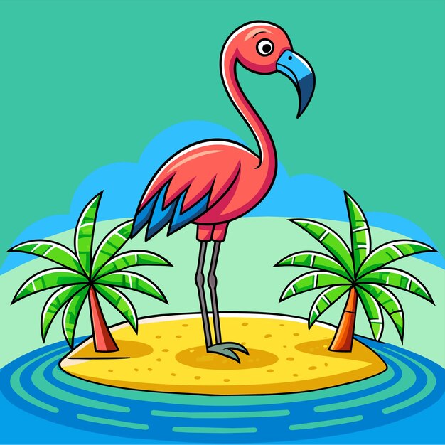 Vecteur oiseau flamant rose tropical dessiné à la main, mascotte de dessin animé.