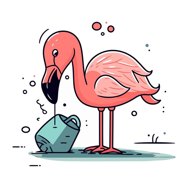 Vecteur oiseau flamant avec un seau d'eau illustration vectorielle