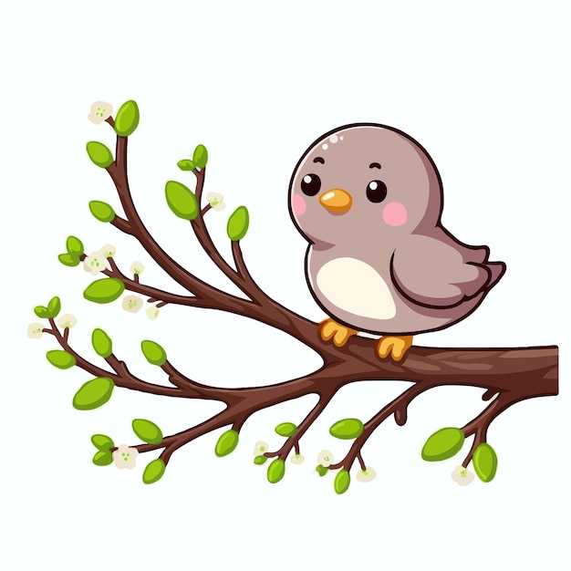 Oiseau Mignon Sur Un Arbre De Brach Vecteur De Dessin Animé Sur Fond Blanc