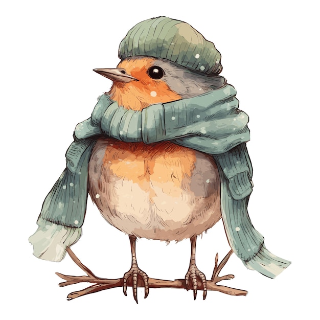 Oiseau Robin mignon aquarelle avec chapeau et écharpe en coton