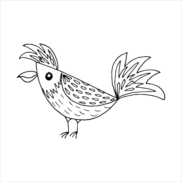 Oiseau Stylisé Dessiné Main Drôle Dans Le Style Doodle Coloriage Image Vectorielle Noir Et Blanc