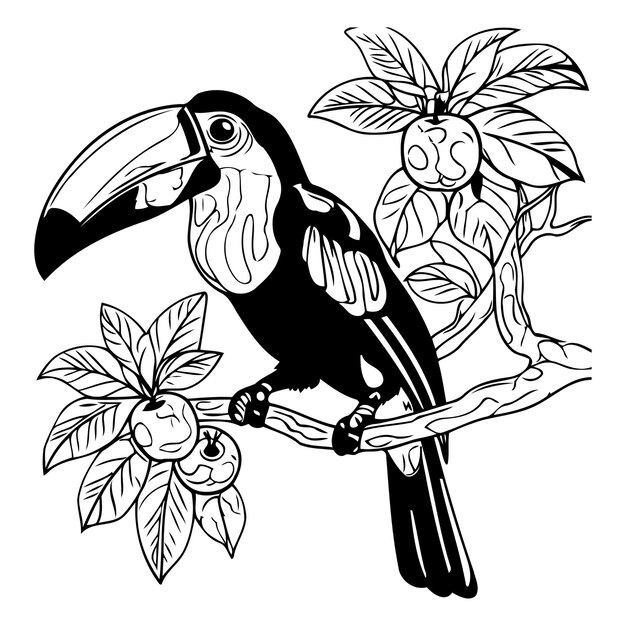 Vecteur oiseau toucan assis sur une branche avec des fruits illustration vectorielle