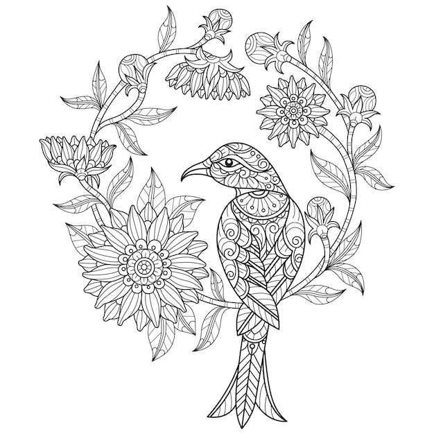 Oiseau Et Tournesol Dessinés à La Main Pour Livre De Coloriage Adulte