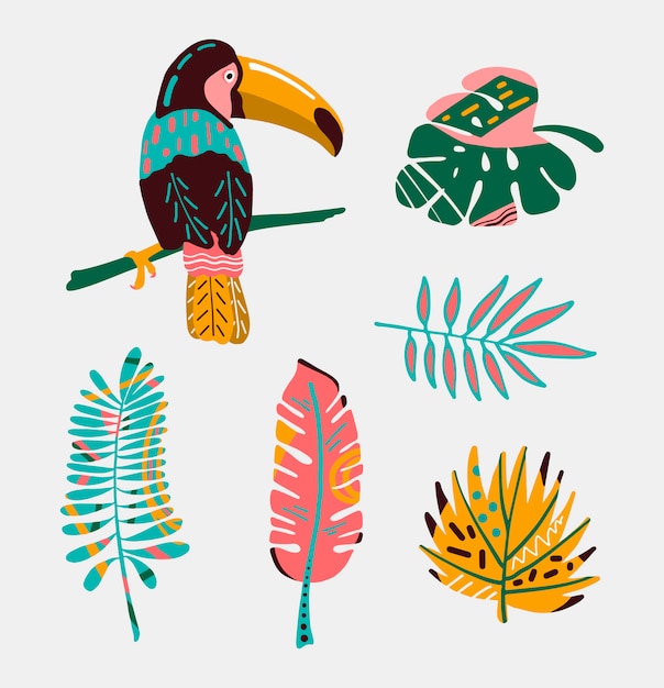 Oiseau tropical coloré avec des feuilles.
