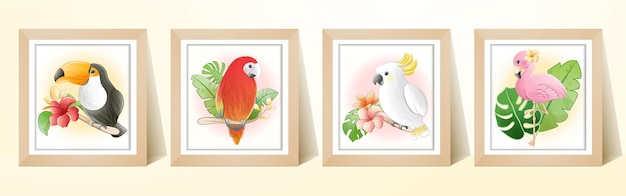 Vecteur oiseau tropical de dessin animé mignon aquarelle avec cadre