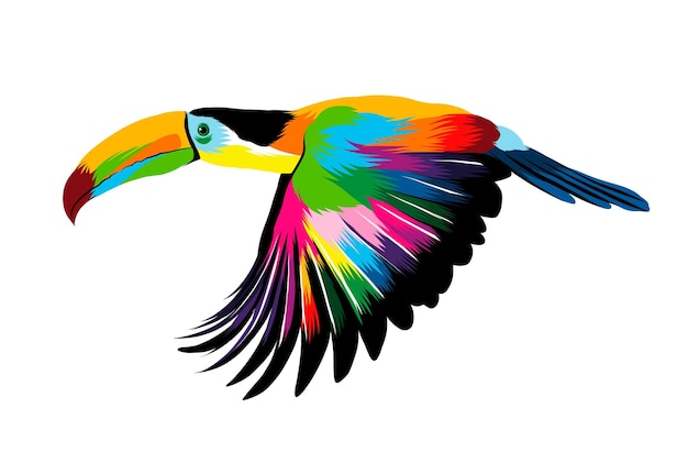 Vecteur oiseau tropical toucan volant abstrait à partir de peintures multicolores dessin coloré illustration vectorielle