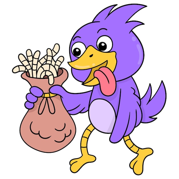 L'oiseau Violet Marche Joyeusement En Portant Un Sac De Vers à Manger, Art D'illustration Vectorielle. Doodle Icône Image Kawaii.