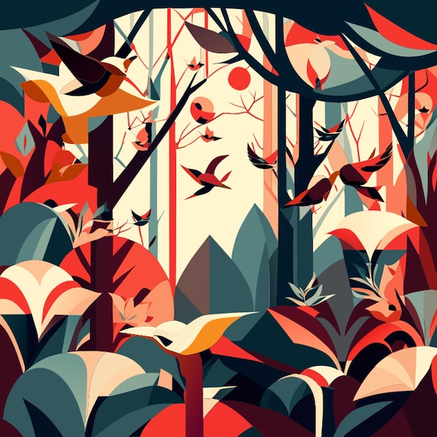 Oiseaux Abstraits Dans Les Arbres Illustration Vectorielle