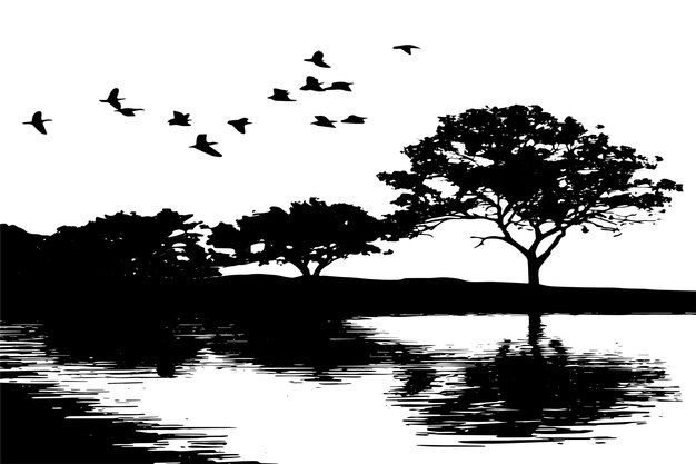 Vecteur oiseaux et arbres illustration vectorielle de texture noire
