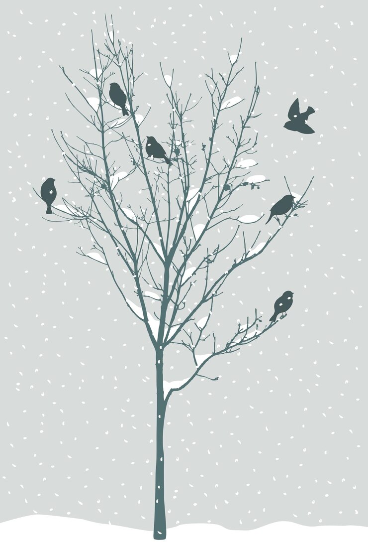 Vecteur oiseaux sur des branches d'arbres le jour de neige d'hiver
