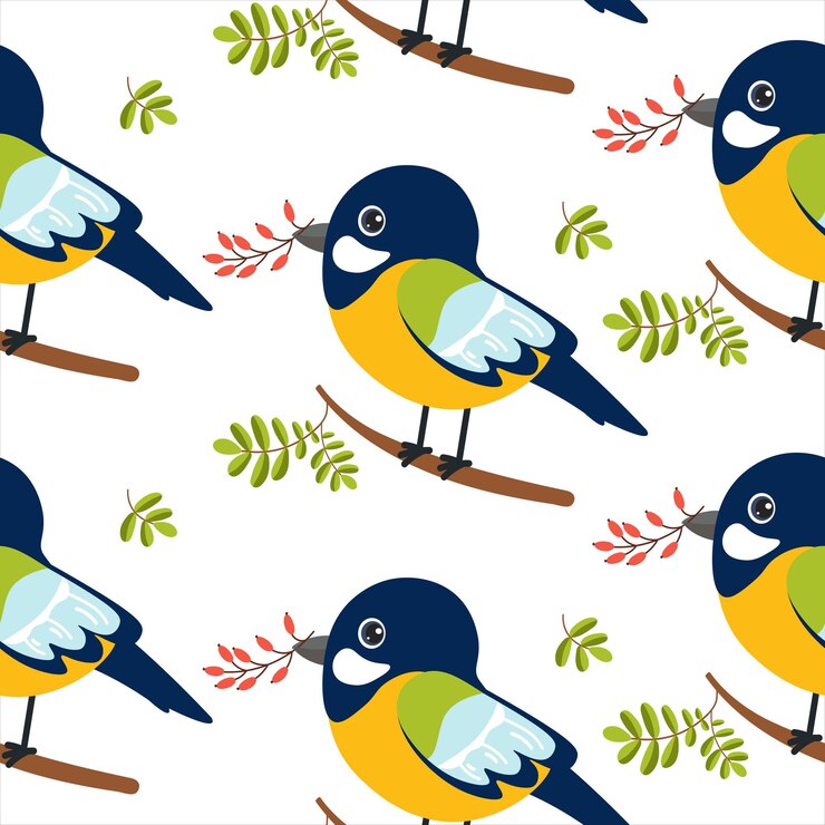 Vecteur des oiseaux colorés perchés sur des branches avec des feuilles et des baies sur un fond lumineux