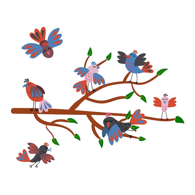 Vecteur oiseaux mignons sur une branche d'arbre voler et se tenir debout sur l'arbre oiseaux printaniers