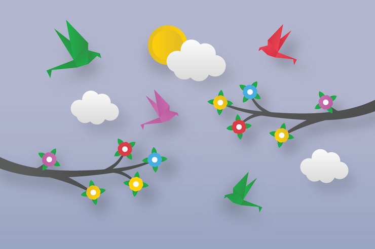 Vecteur oiseaux en origami sur des branches fleuries