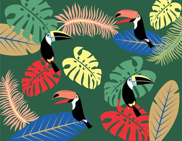 Oiseaux toucan sur des feuilles tropicales colorées