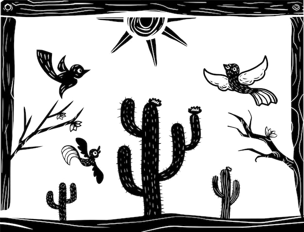 Vecteur oiseaux volant au-dessus de l'illustration de style gravure sur bois de cactus